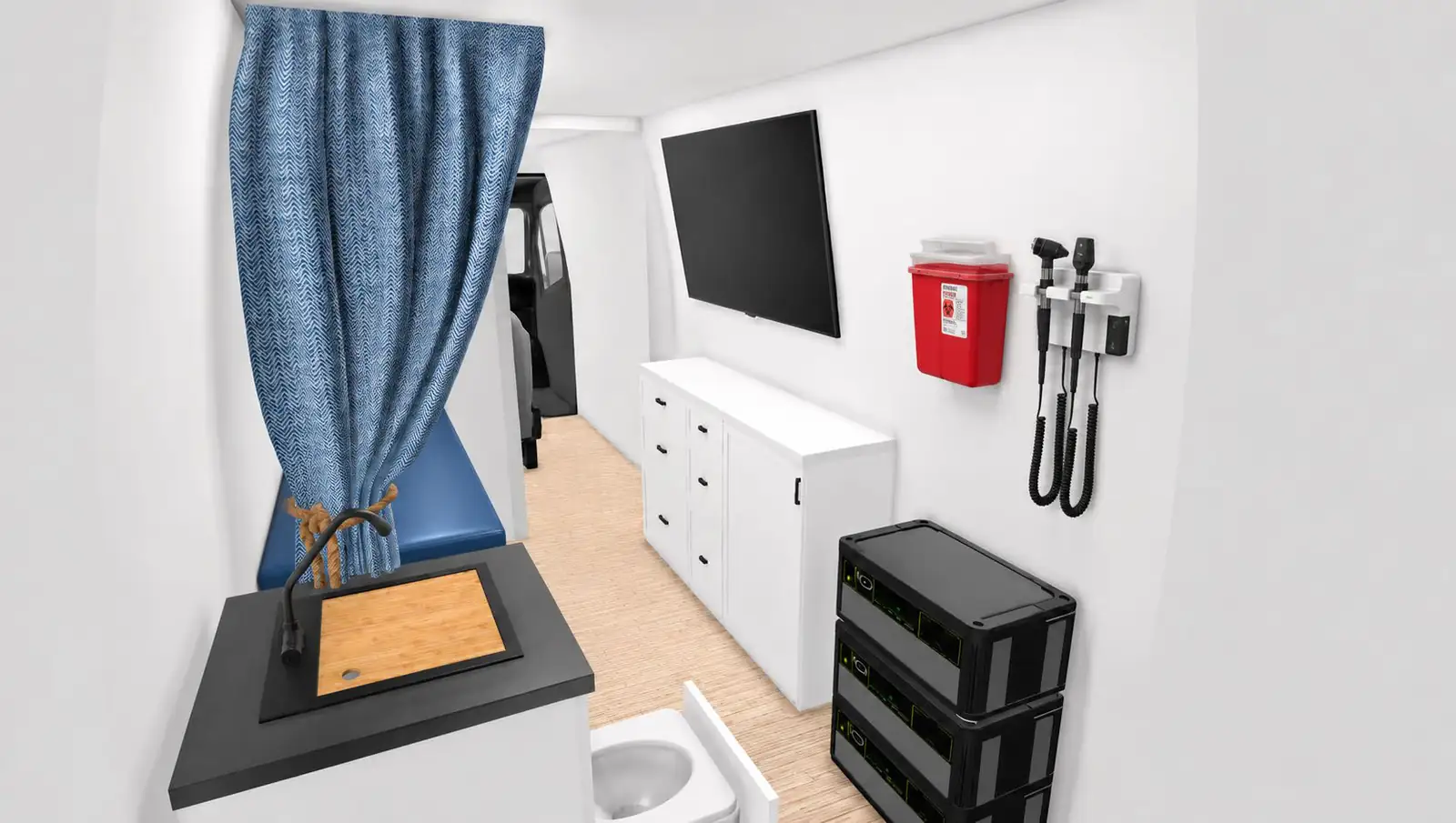 3D rendering of a mobile clinic interior with blue exam table, curtain, sink, wall TV and red sharps container