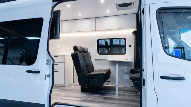 Clean clinical Sprinter interior workspace