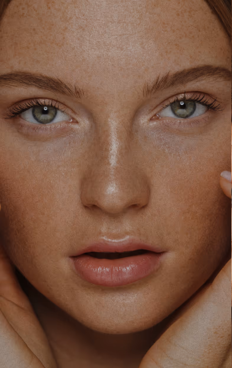 Close-up of a young woman with green eyes, natural freckles, and slightly parted pink lips, holding her face with her hands.