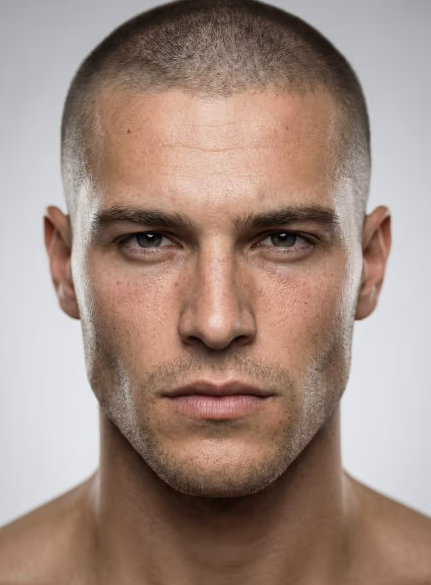 Close-up of a serious young man with buzz-cut hair and light stubble looking directly at the camera.
