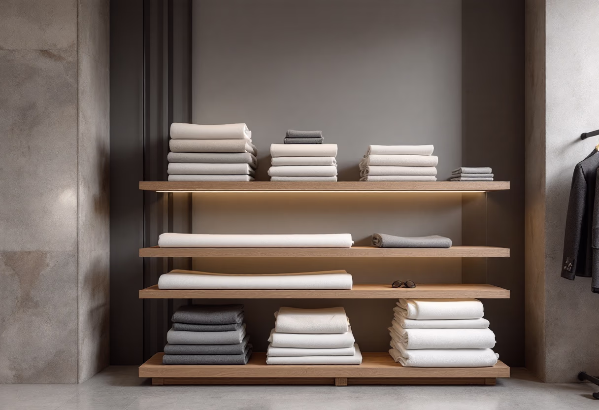 [background image] image of fabric rolls on shelves (for a tailors & alteration shop)