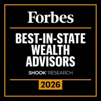 Forbes Best-in-State Wealth Advisors 2026 award badge by SHOOK Research on black background.