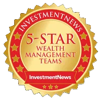 5-star wealth management teams award seal by InvestmentNews with gold and red design.