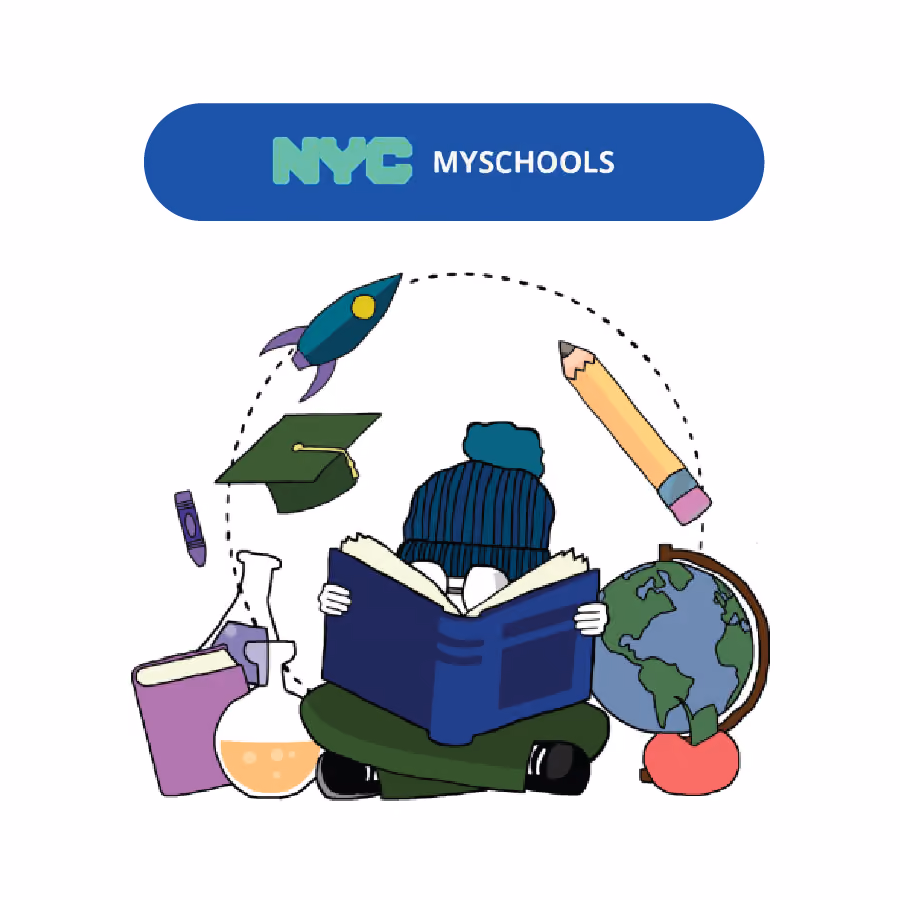NYC MySchools portal illustration with student reading surrounded by school icons