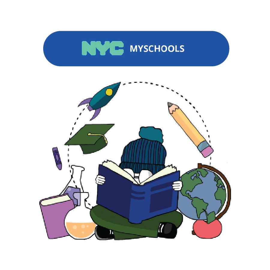 NYC MySchools portal illustration with student reading surrounded by school icons