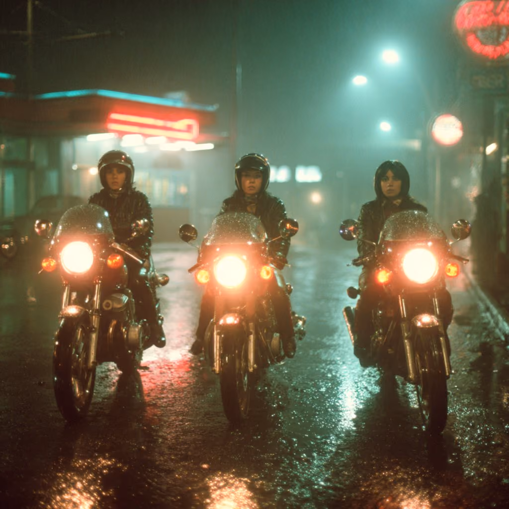 Three team members on motorcycles, headlights on, lined up on a rain-soaked street under neon signs at night