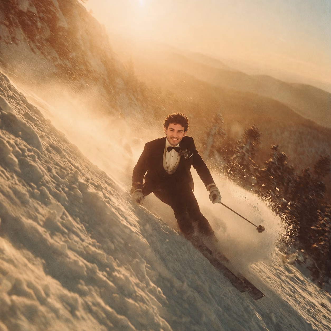 Team member in a black tuxedo skiing fast down a sunlit mountain slope, spraying snow