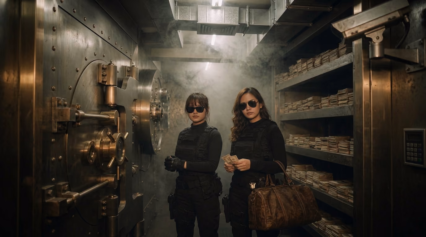 Two team members in black tactical gear and sunglasses standing inside an open bank vault lined with cash