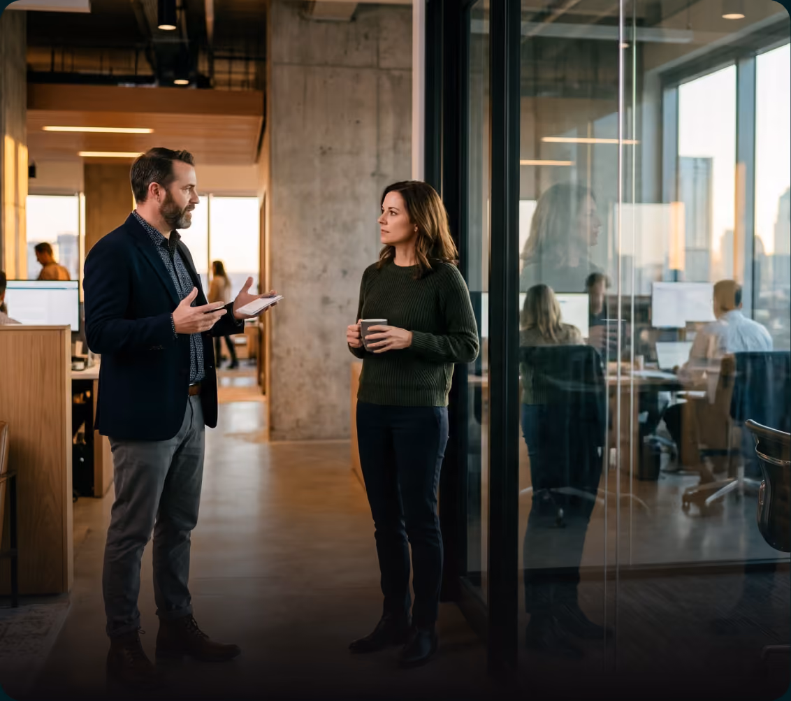 Trinity imagery — two colleagues talking in an office