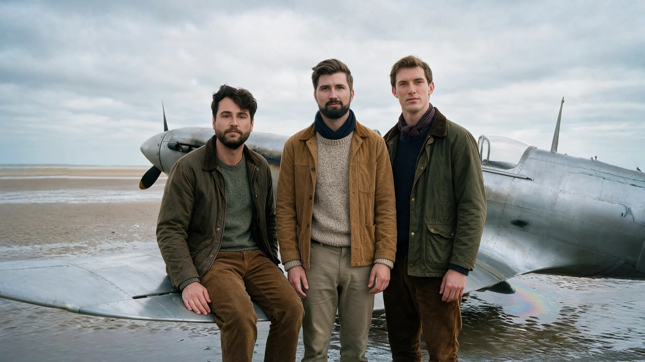 Andrew, Matt and Nathan at a wrecked Spitfire on a tidal beach