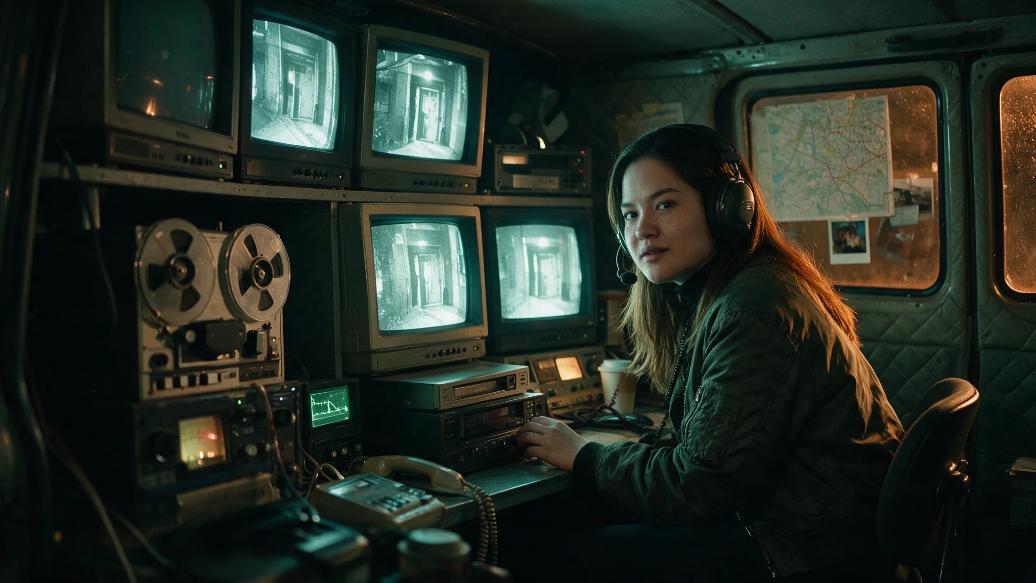 Katrina wearing a headset at a bank of surveillance monitors in the back of a van at night