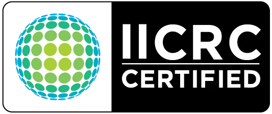 IICRC Certified logo with a green and blue dotted globe next to bold white text on black background.