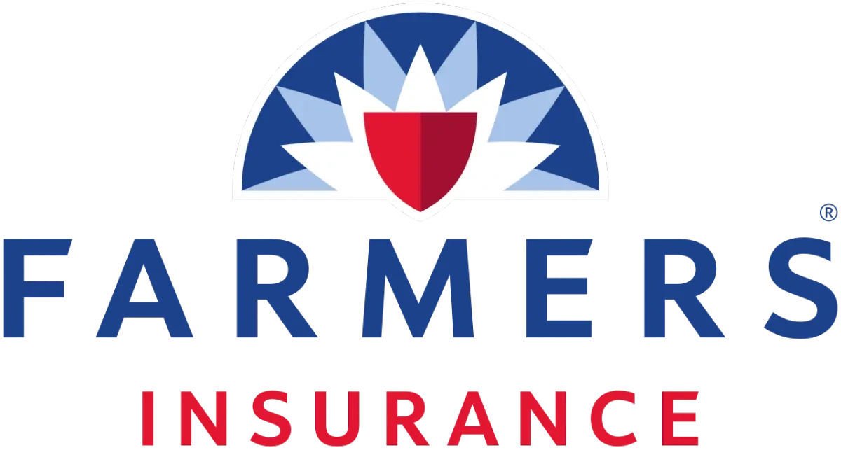 Farmers Insurance logo with stylized red shield and blue white sunburst above text.