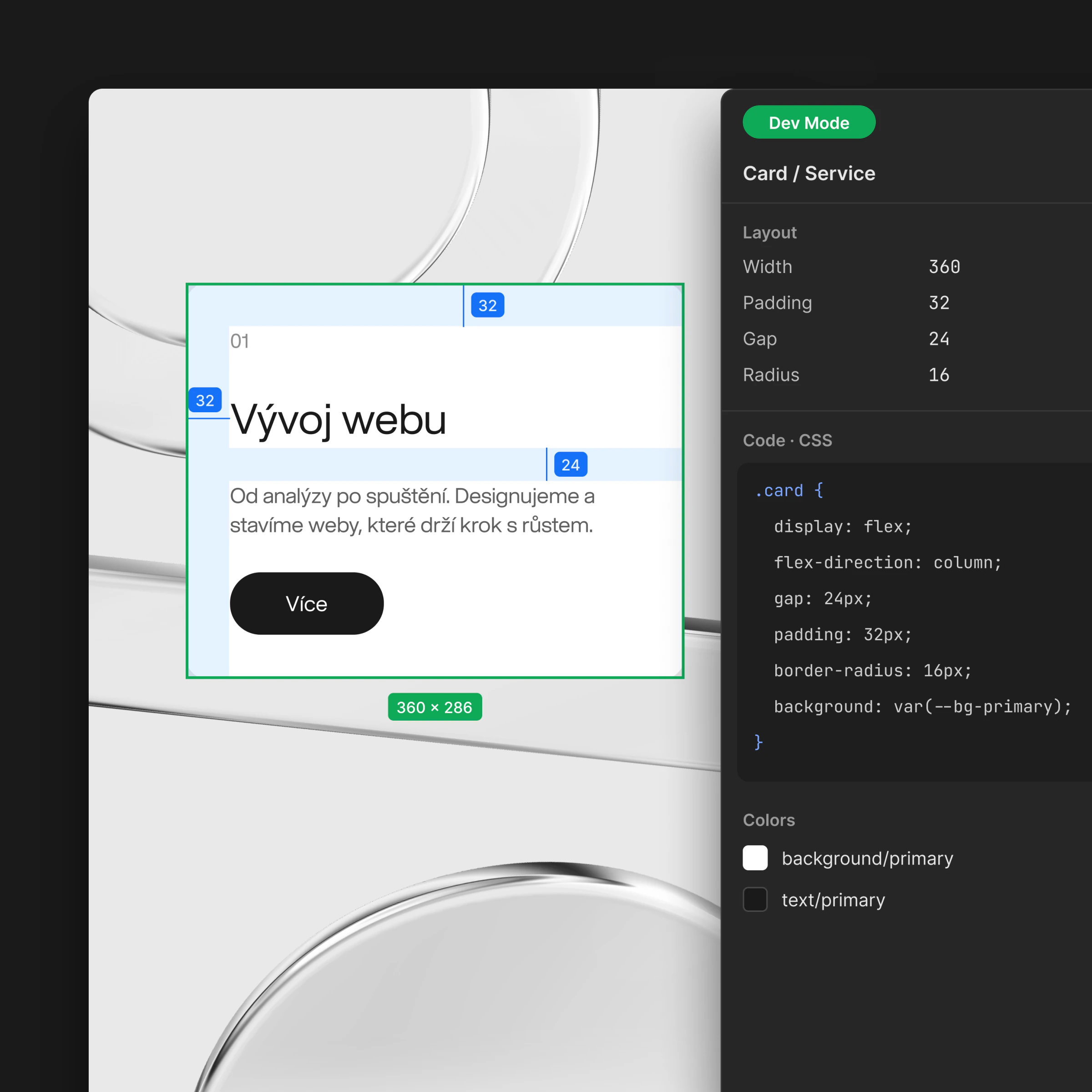 Předání designu vývojářům ve Figma Dev Mode: rozměry a CSS – ukázka grevo