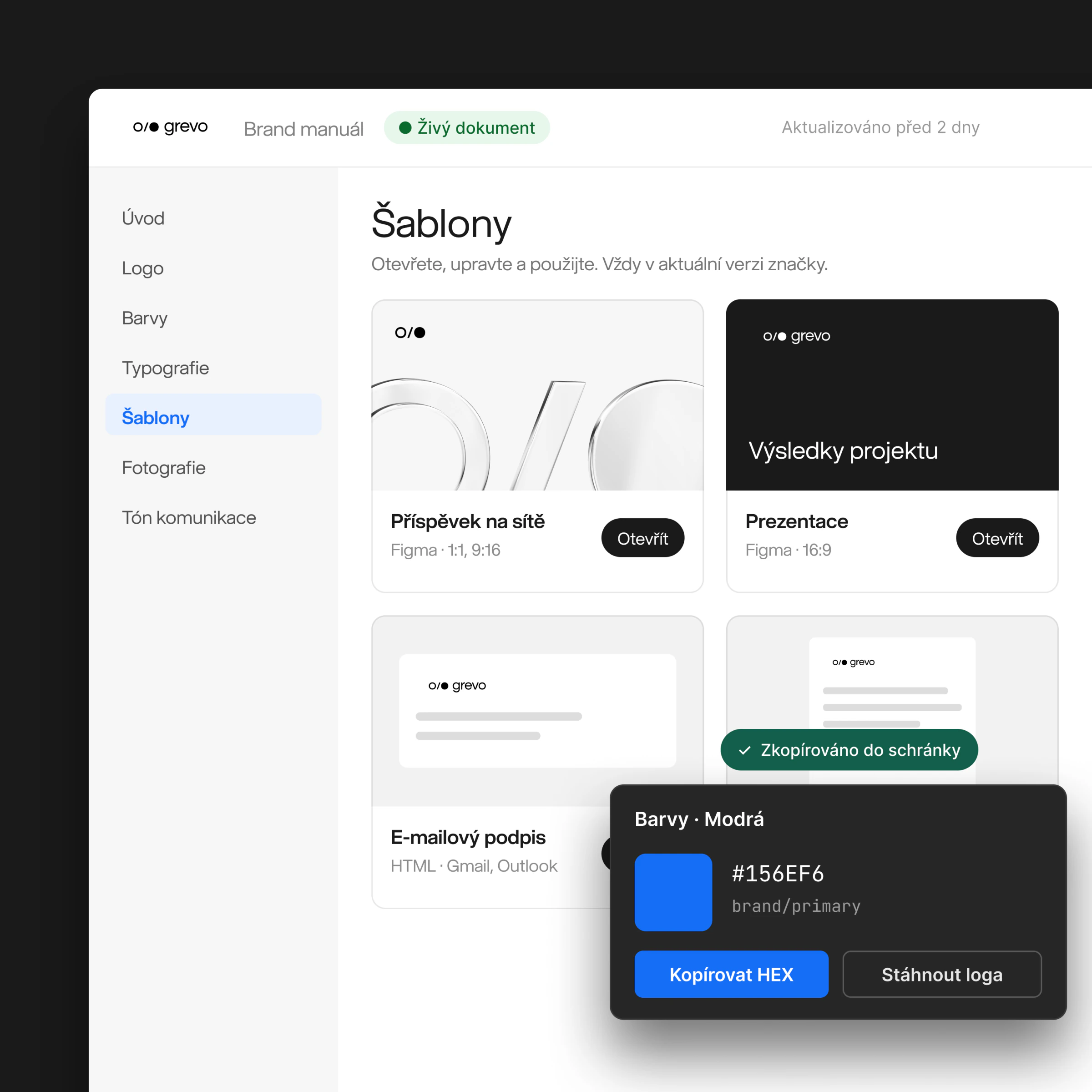 Online brand manuál se šablonami a barvami značky – ukázka grevo