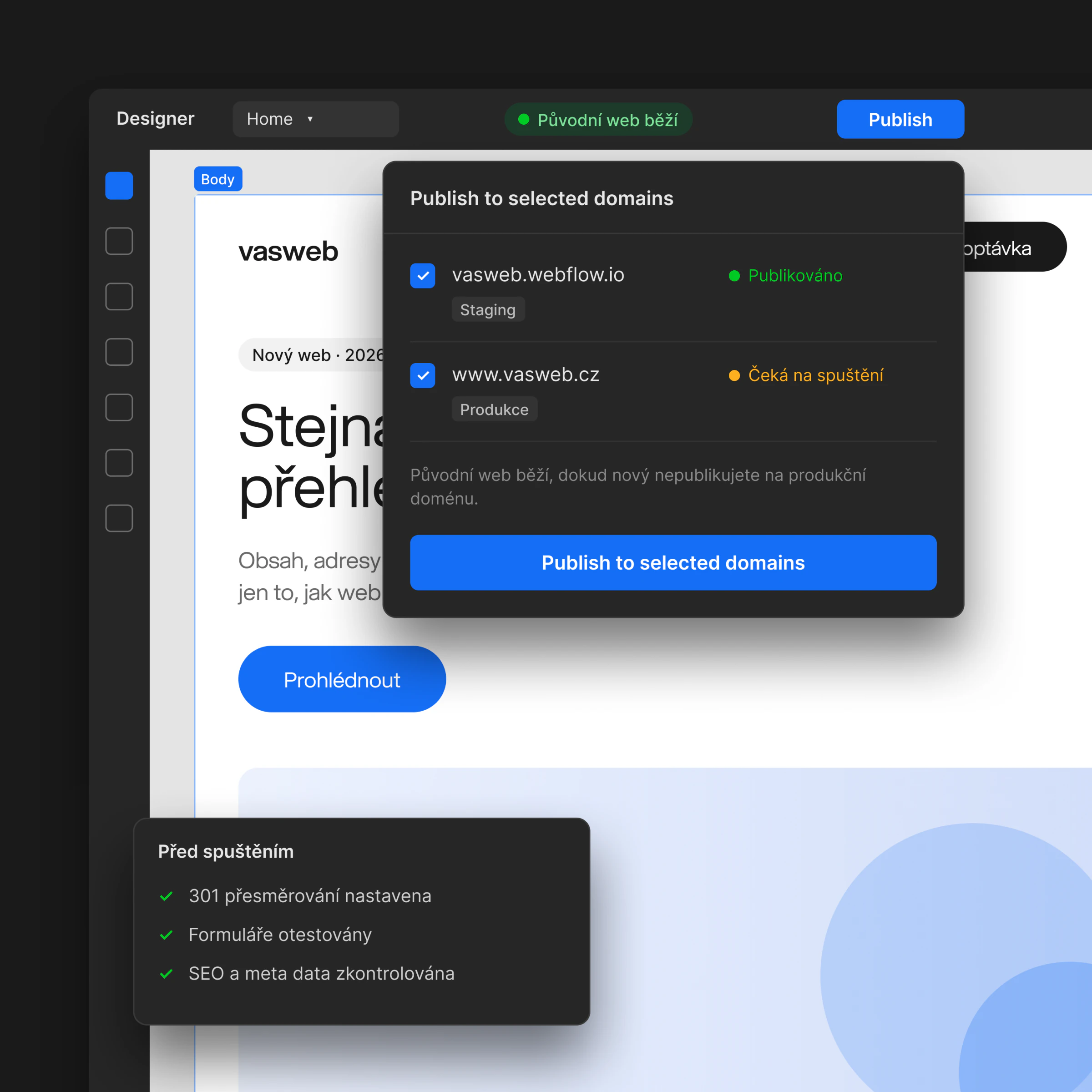 Publikace webu na staging a produkci ve Webflow – migrace bez výpadku