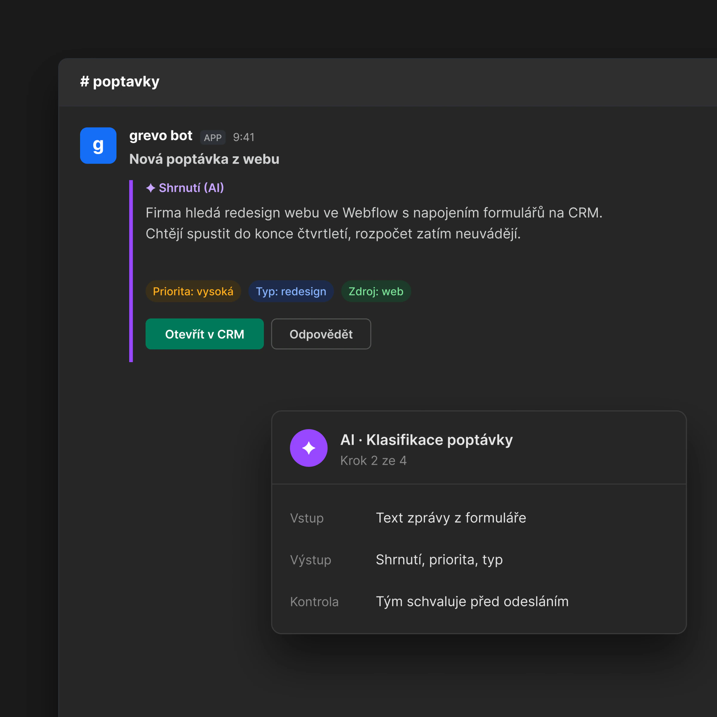 AI shrnutí poptávky z webu ve Slacku – automatizace grevo
