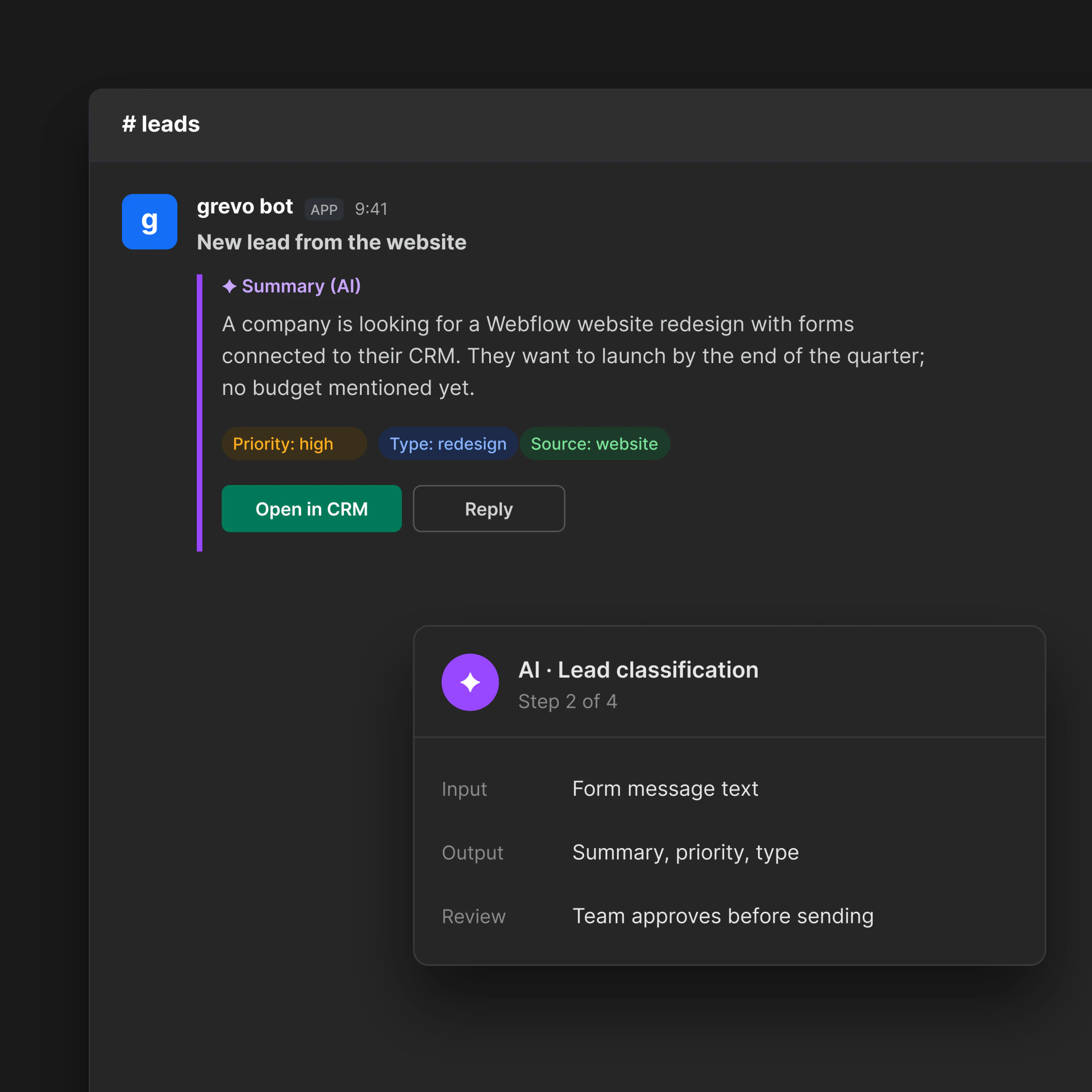 AI summary of a website enquiry in Slack – grevo automation