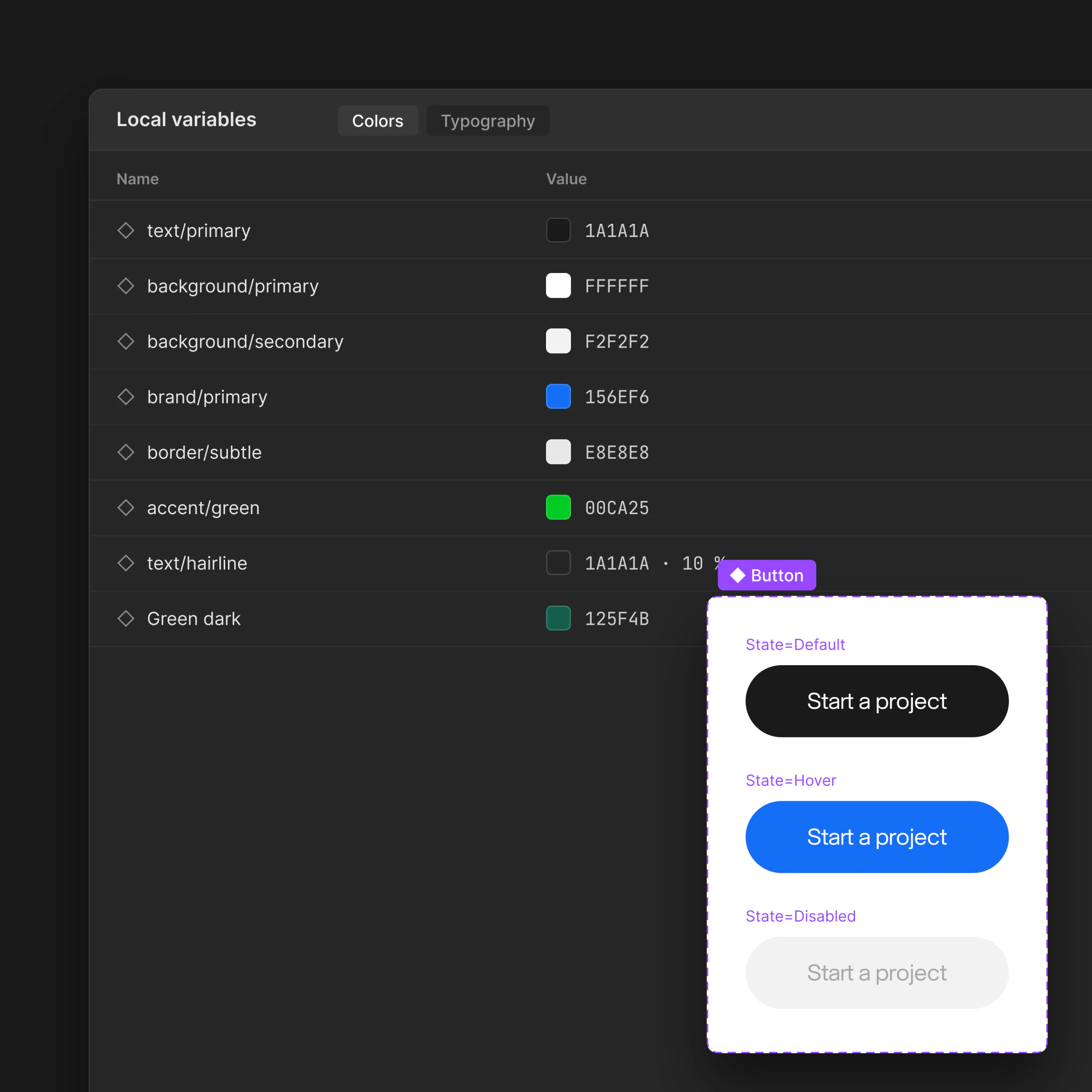 Figma design system: colour variables and button variants – grevo example