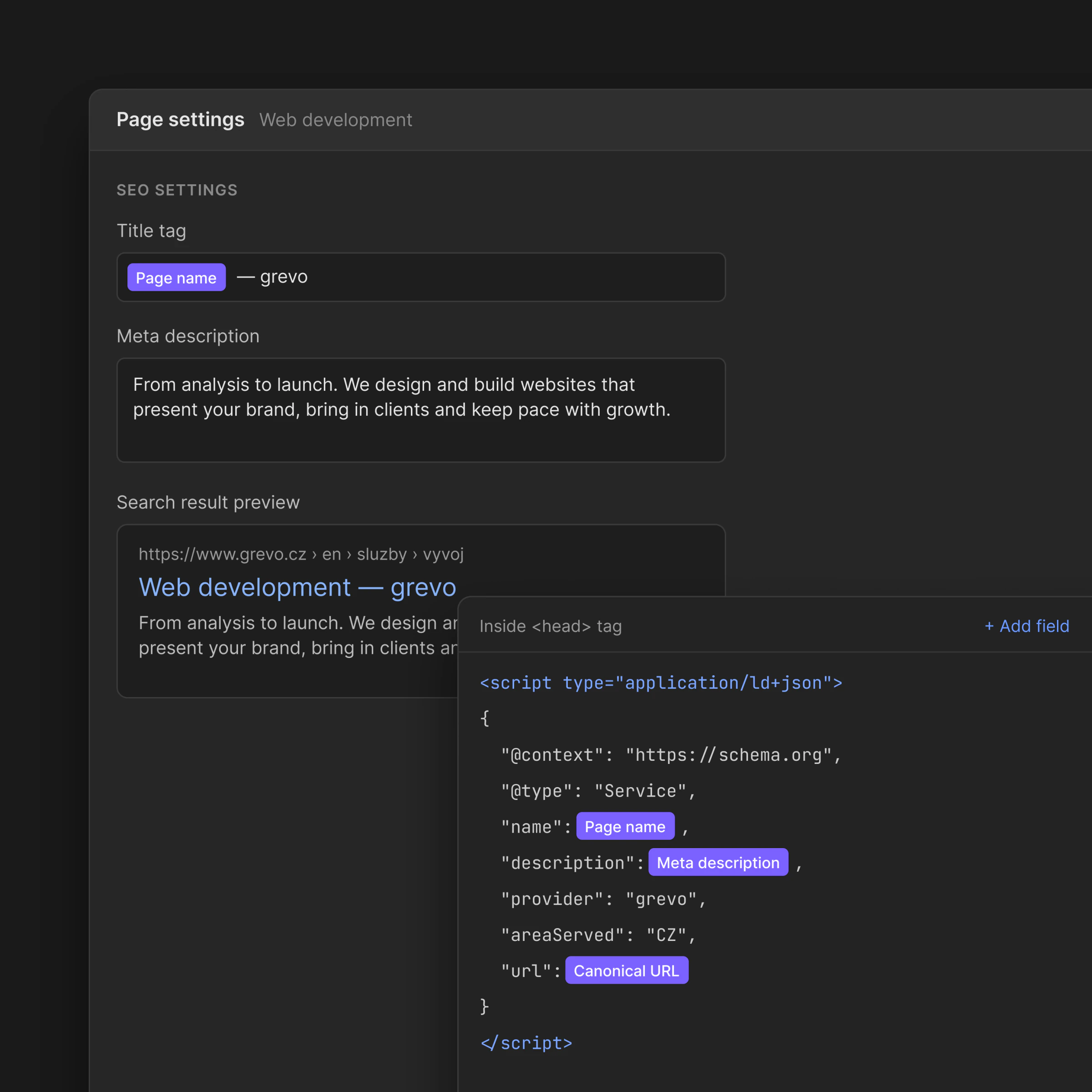 Webflow SEO settings: title, meta description and structured data – grevo example