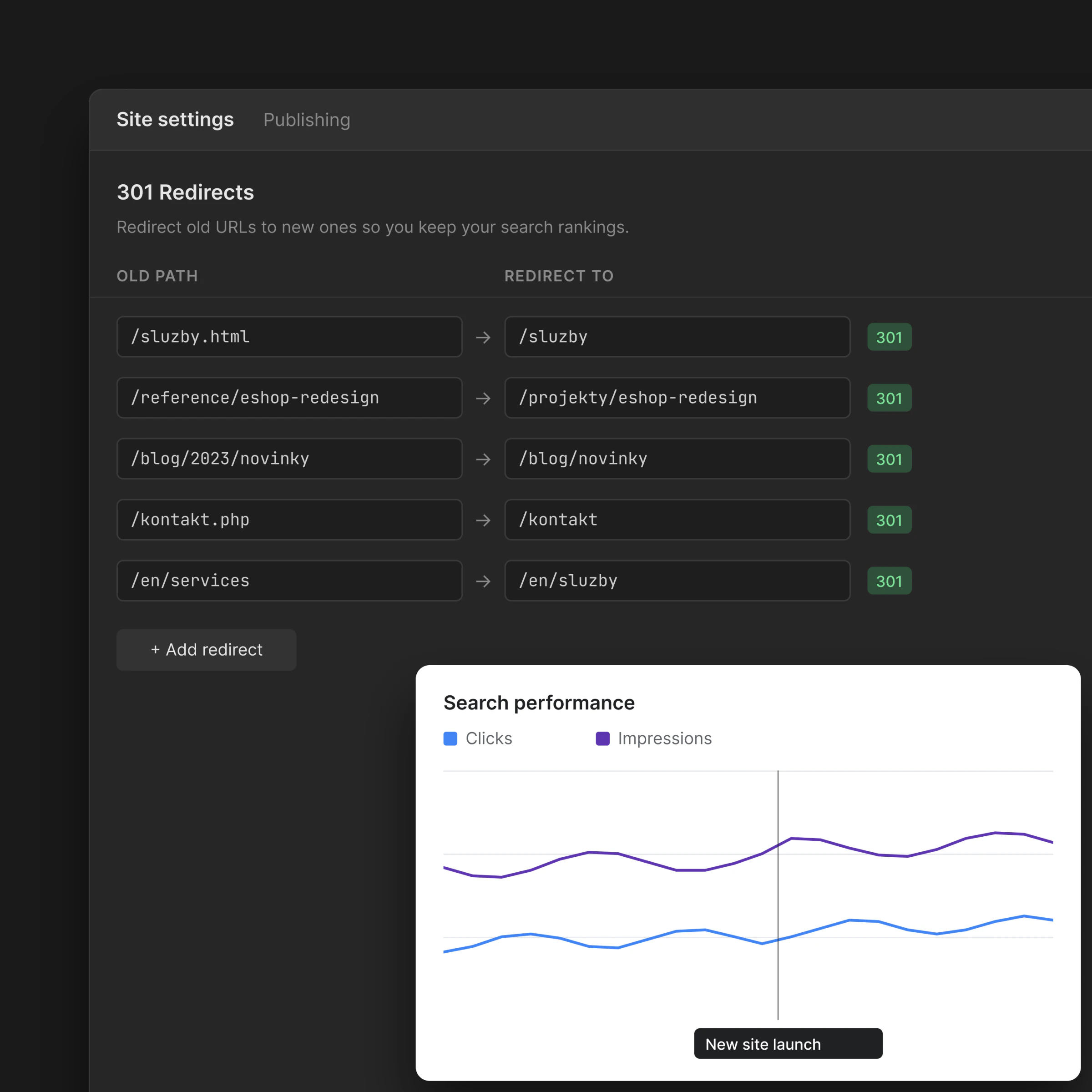 Webflow 301 redirects and search performance after website migration