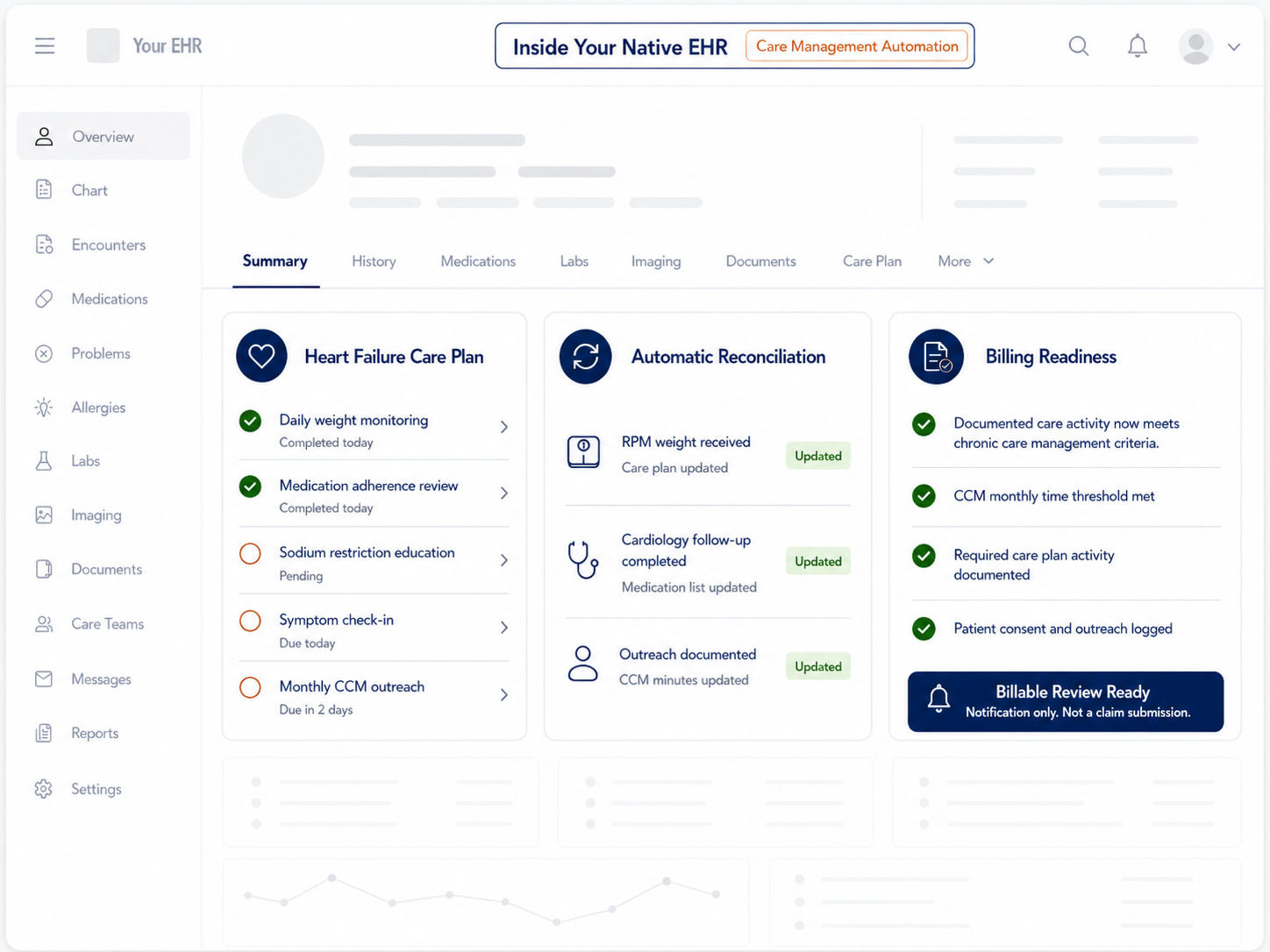 Native EHR view showing heart failure care-management automation, reconciliation tasks, and billing readiness