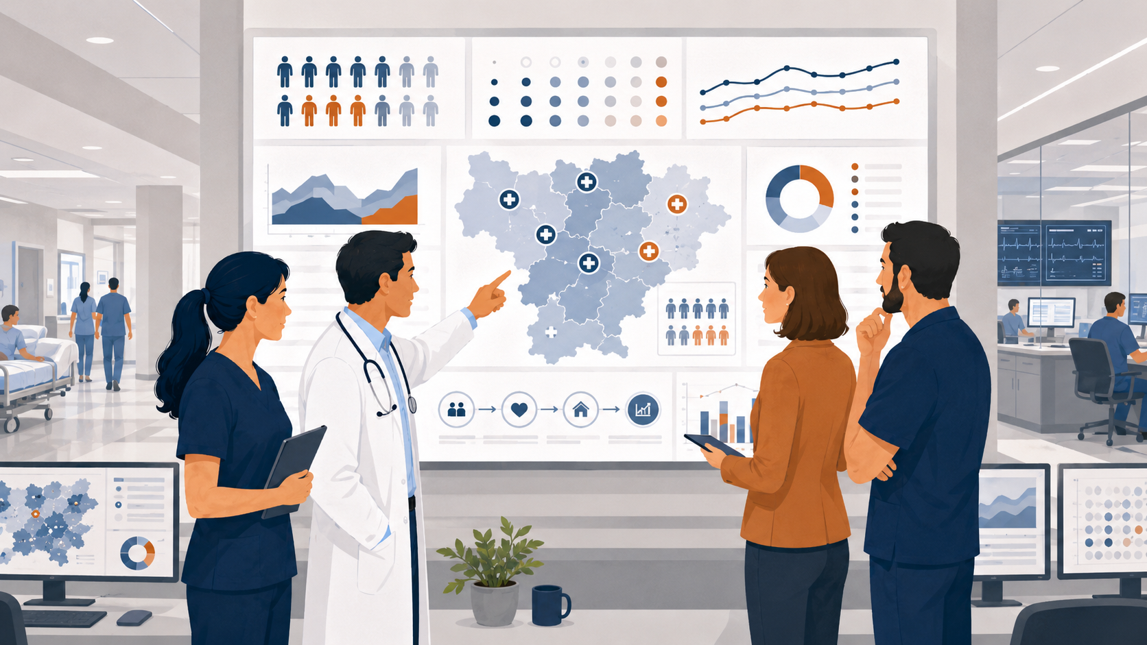 Population health team reviewing cohort risk, utilization patterns, and coordinated care actions in a hospital setting