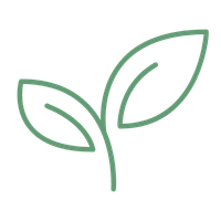Green outline of a plant with two leaves on a white background.