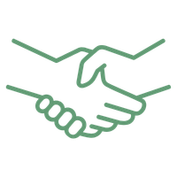 Green line drawing of a handshake symbolizing agreement or partnership.