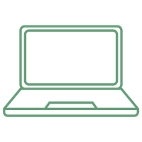 Simple green line drawing of an open laptop computer with a blank screen.