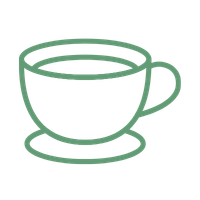Green line drawing of a coffee cup with steam rising above it.