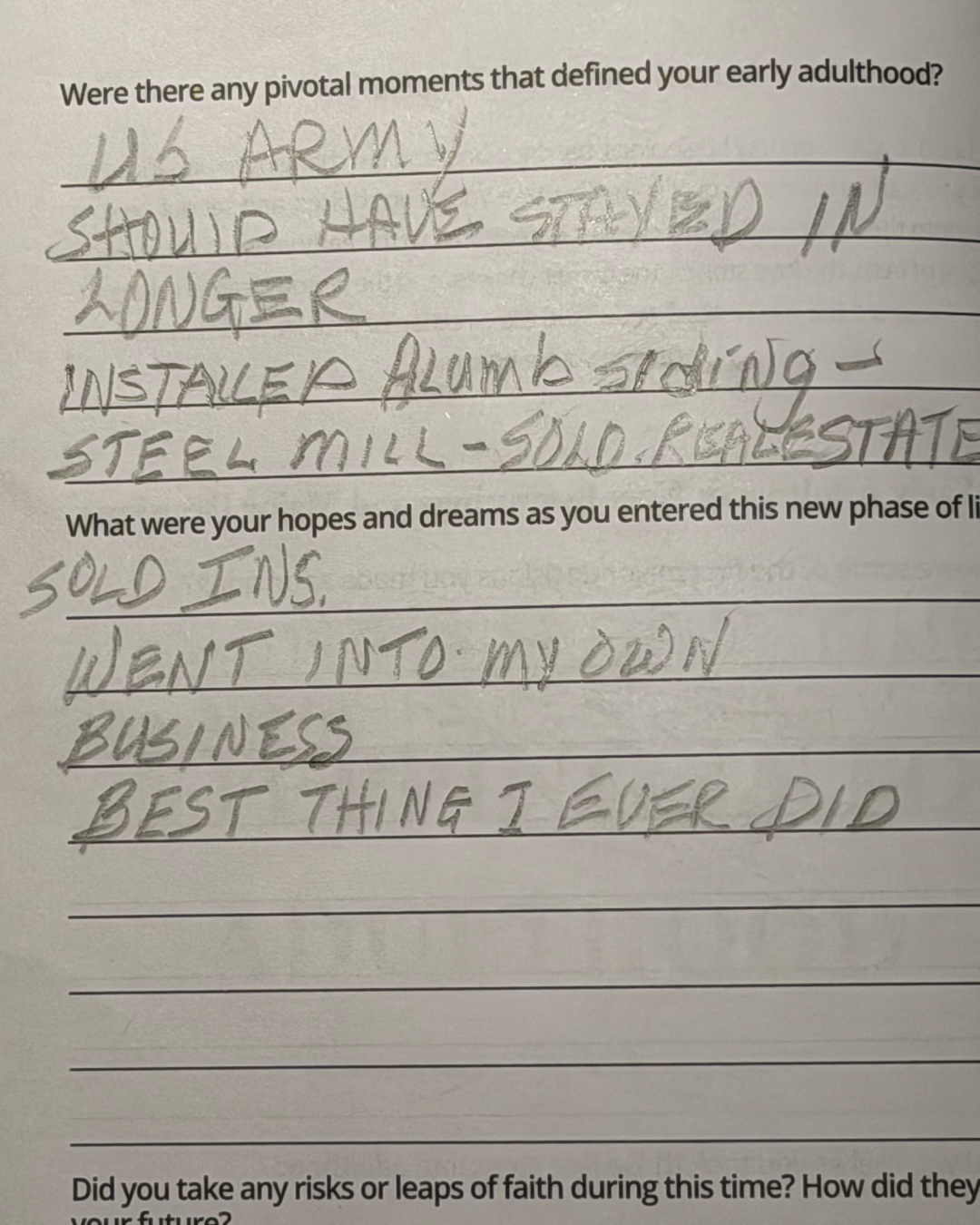Handwritten answers about pivotal moments and hopes: army service, business startup, real estate sale.