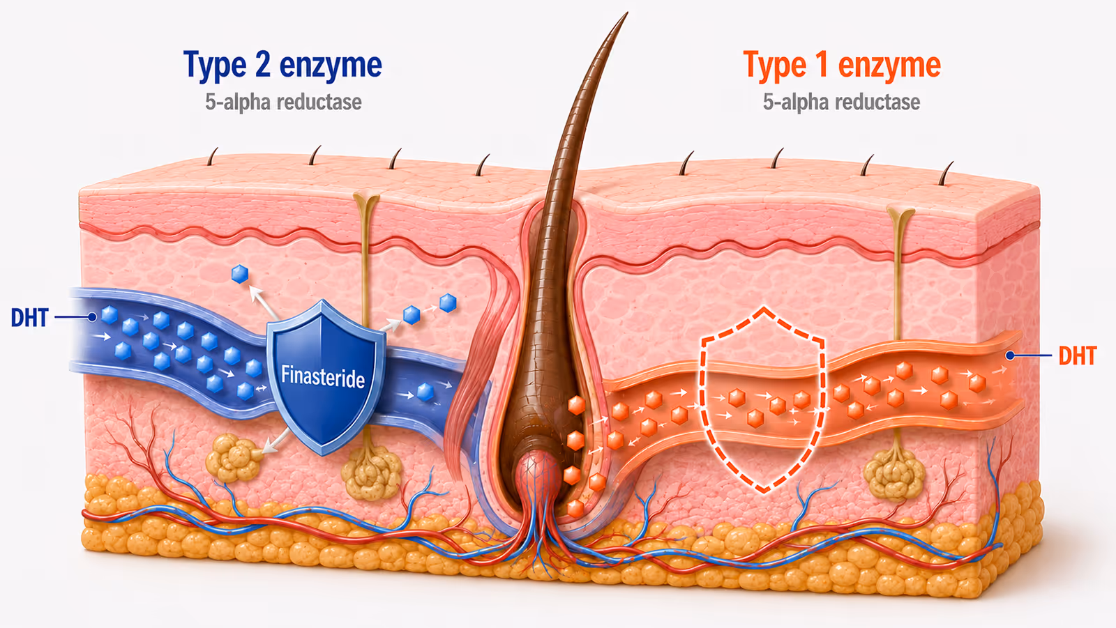 DHT produced by two enzymes; Finasteride blocks only one