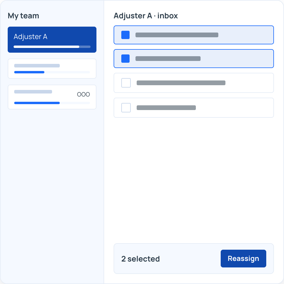OMS team view of an adjuster's inbox and workload, with two items selected for reassignment