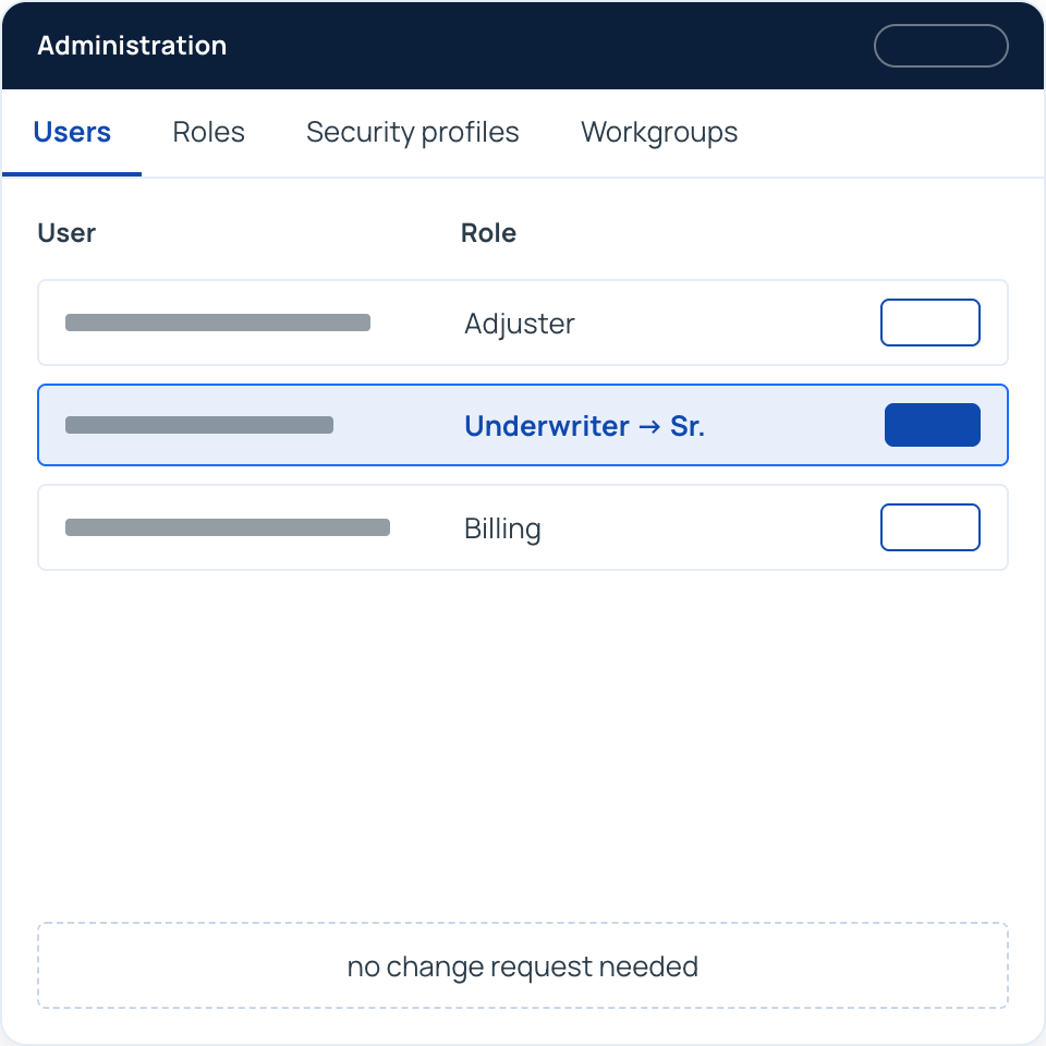 OMS administration screen with users, roles, security profiles, and workgroups, changing an underwriter's role without a change request