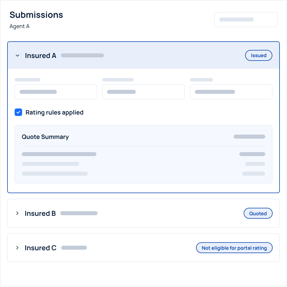 Agent portal submissions list showing a quote issued with rating rules applied, plus quoted and not eligible submissions