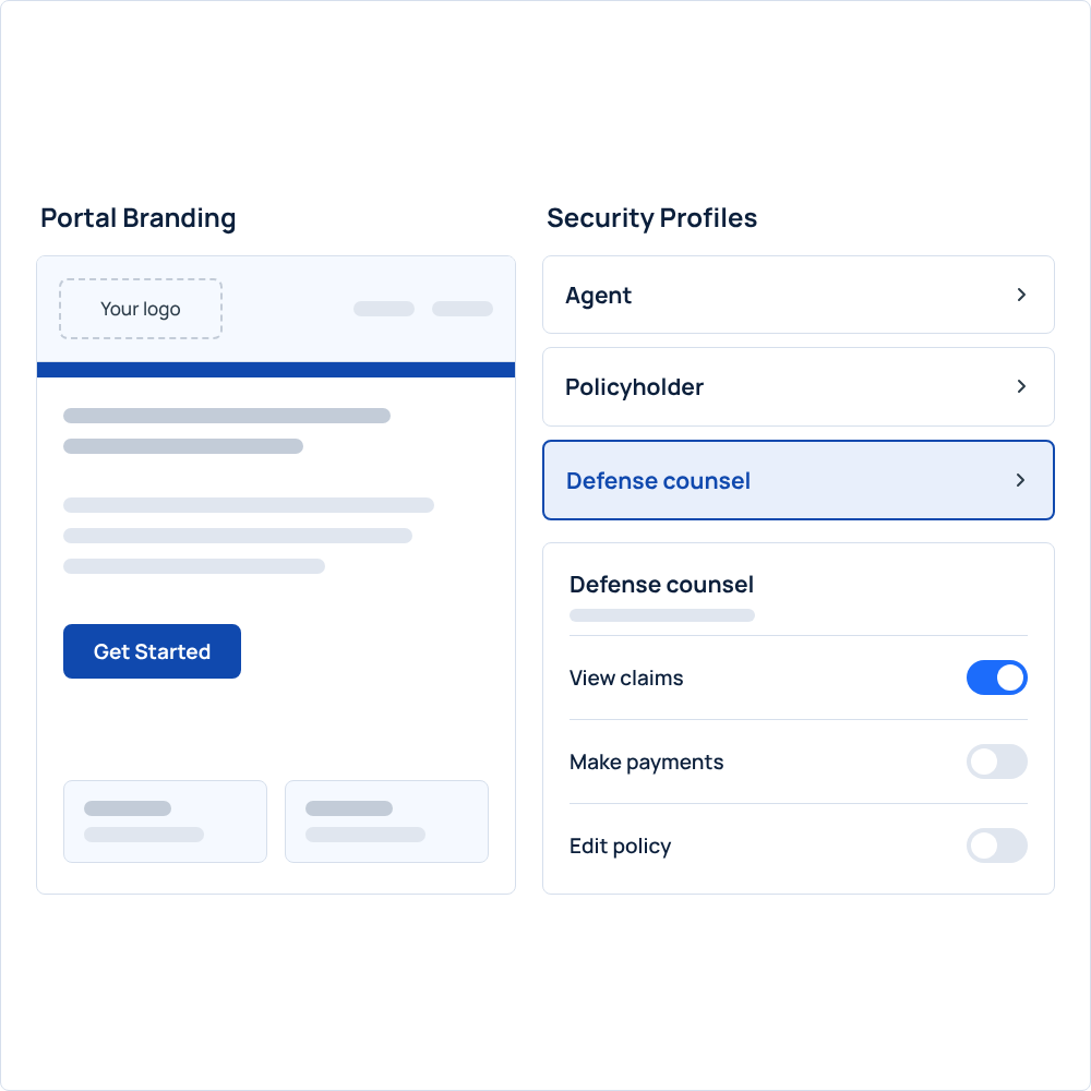 White-labeled portal preview beside security profiles, with defense counsel allowed to view claims only
