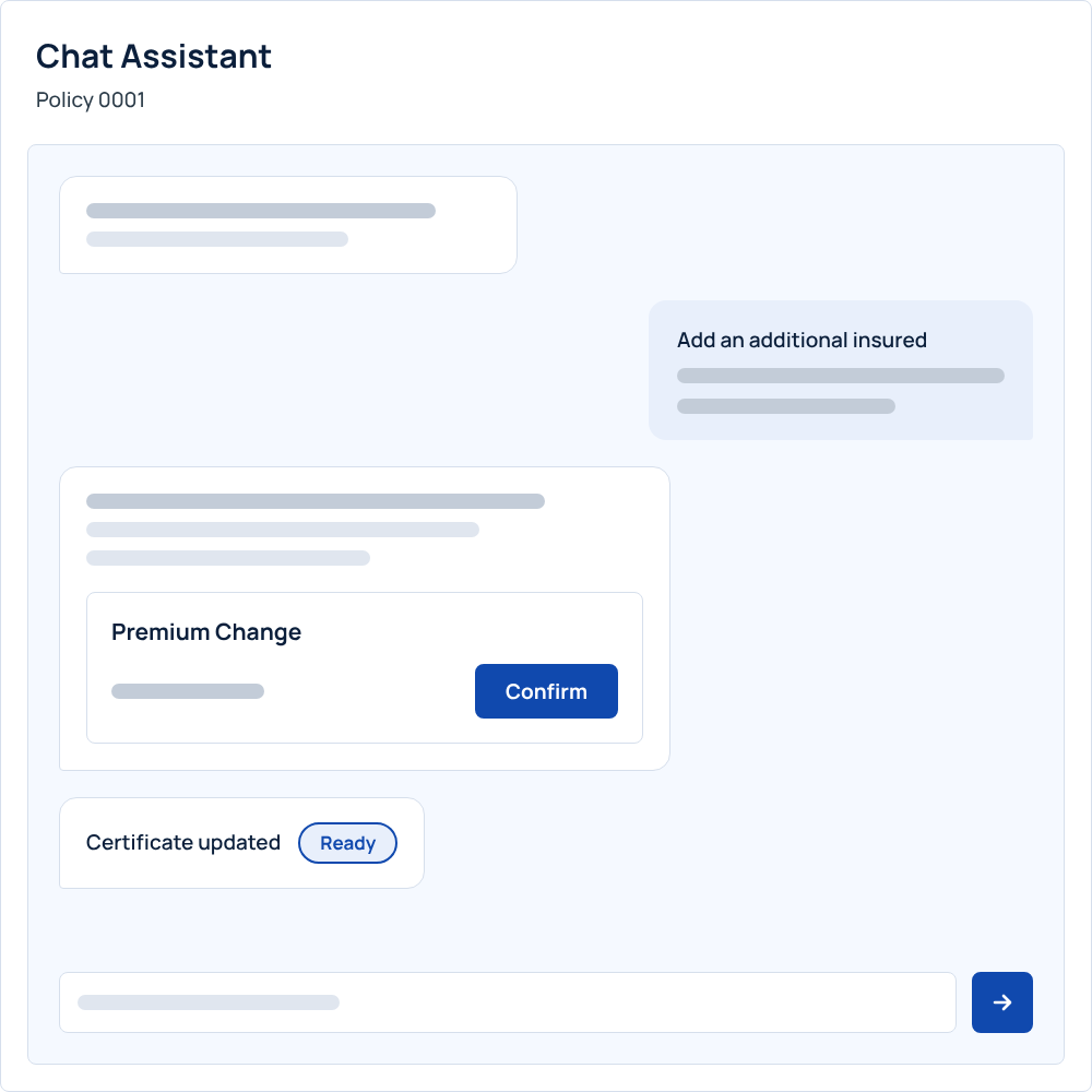 Chat assistant conversation where a policyholder adds an additional insured, confirms a premium change and gets an updated certificate