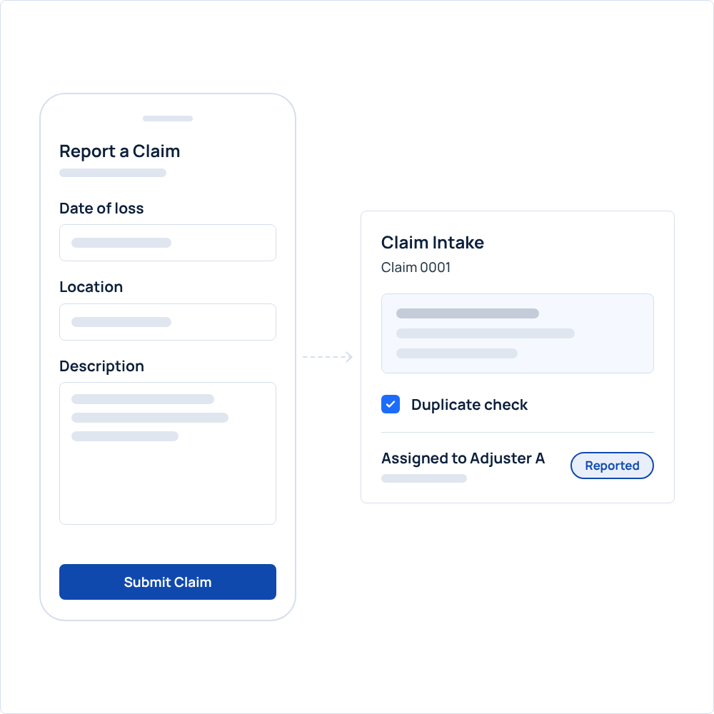 Mobile claim form beside an OMS intake summary showing a duplicate check and assignment to an adjuster