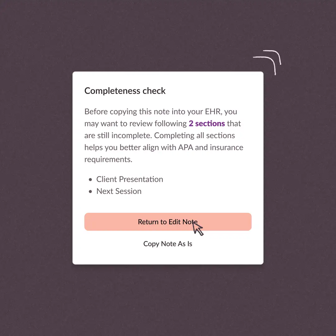 Screenshot of a Nesso Notes user interface modal displaying a completeness check warning.