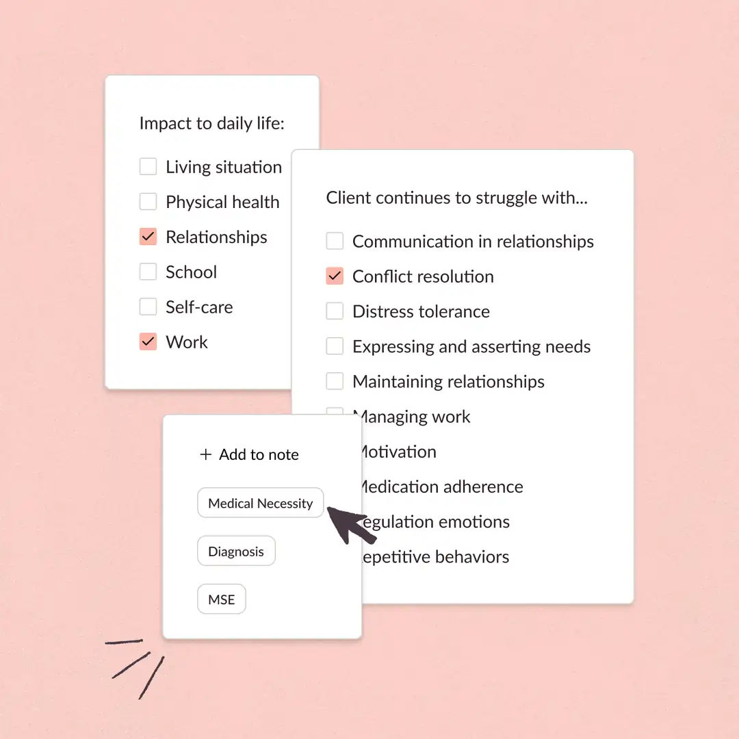 Interface mockup showing therapy note checkboxes for daily life impacts and client struggles.