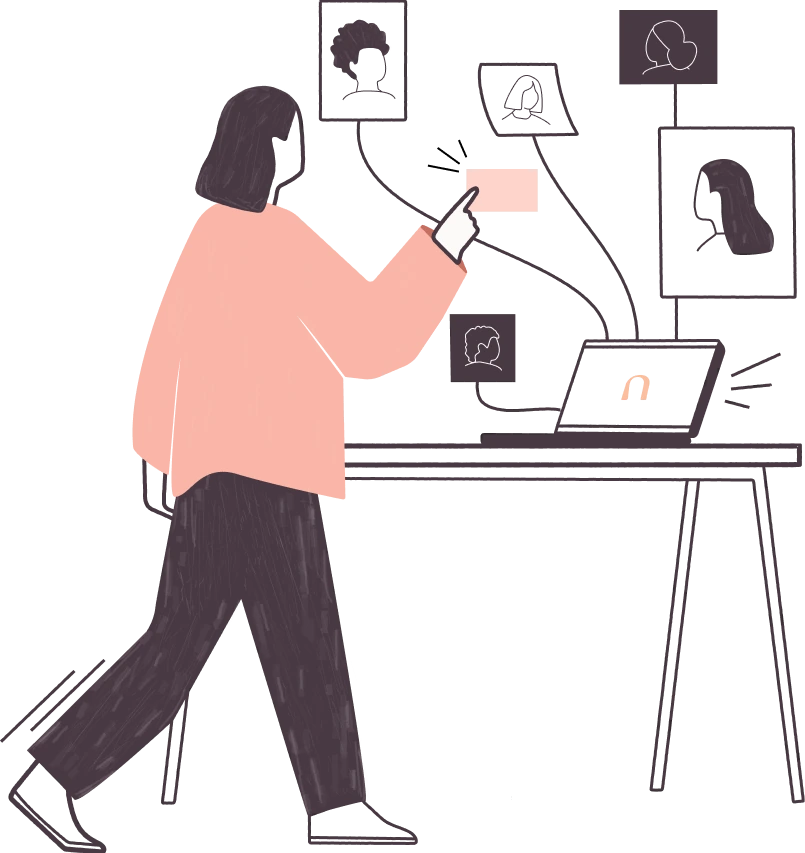 Minimalist line art illustration of a person in a pink sweater walking toward a desk and pointing at floating therapist profile icons connected to a laptop with the Nesso logo