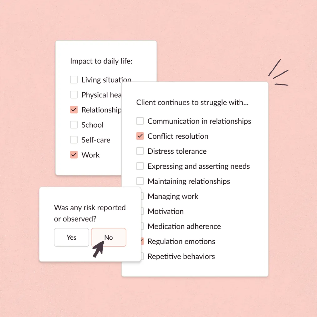Interface mockup showing therapy note checkboxes for daily life impacts, client struggles, and client risk.