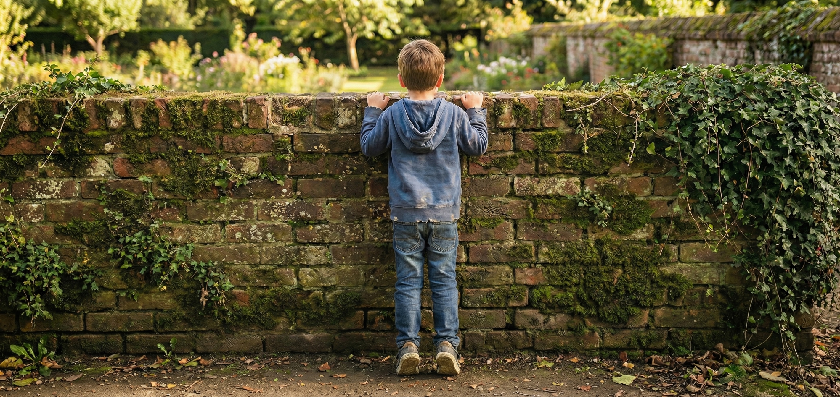 Young boy in a denim jacket standing on tiptoe to peer over an ivy-covered brick garden wall
