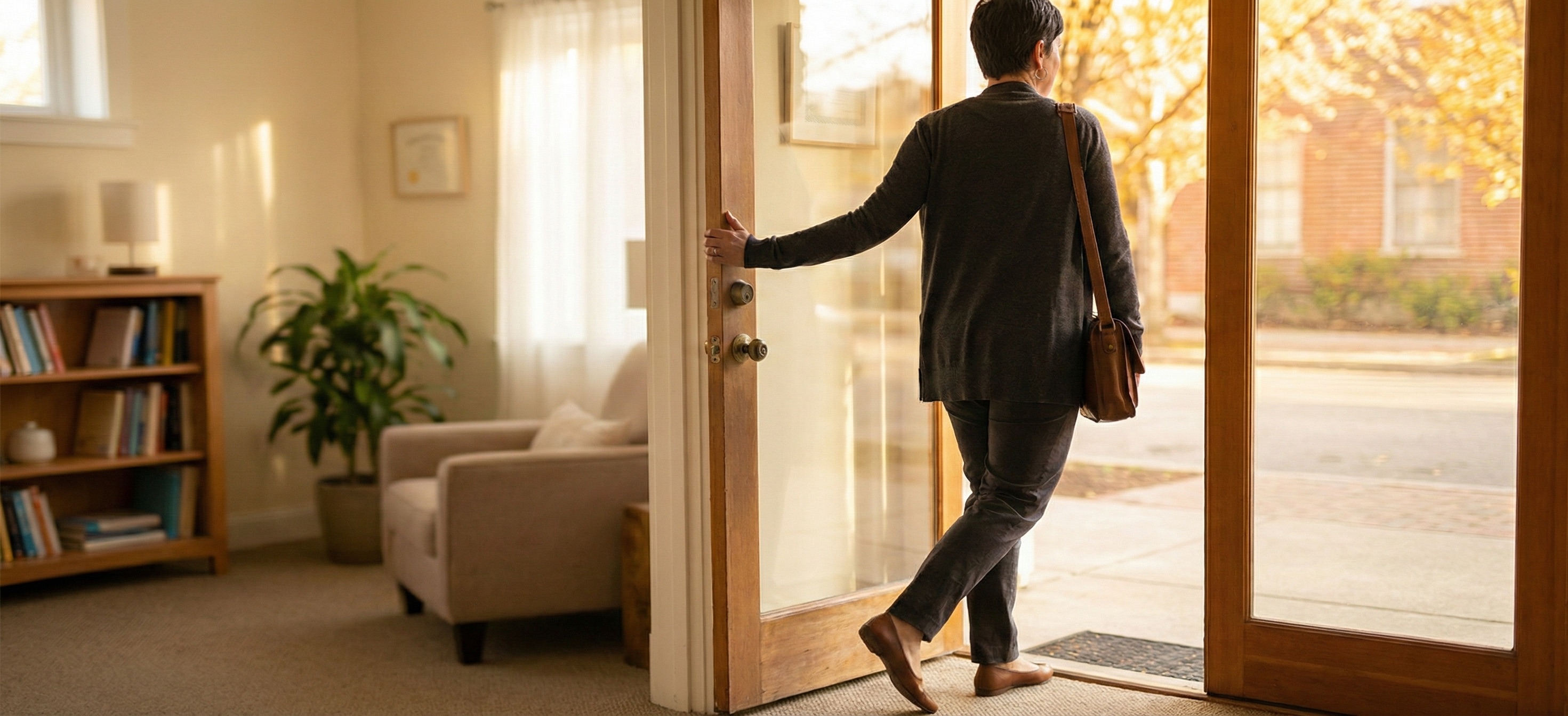 Man in a coat stepping out through an open door into autumn sunlight, leaving a warm room behind