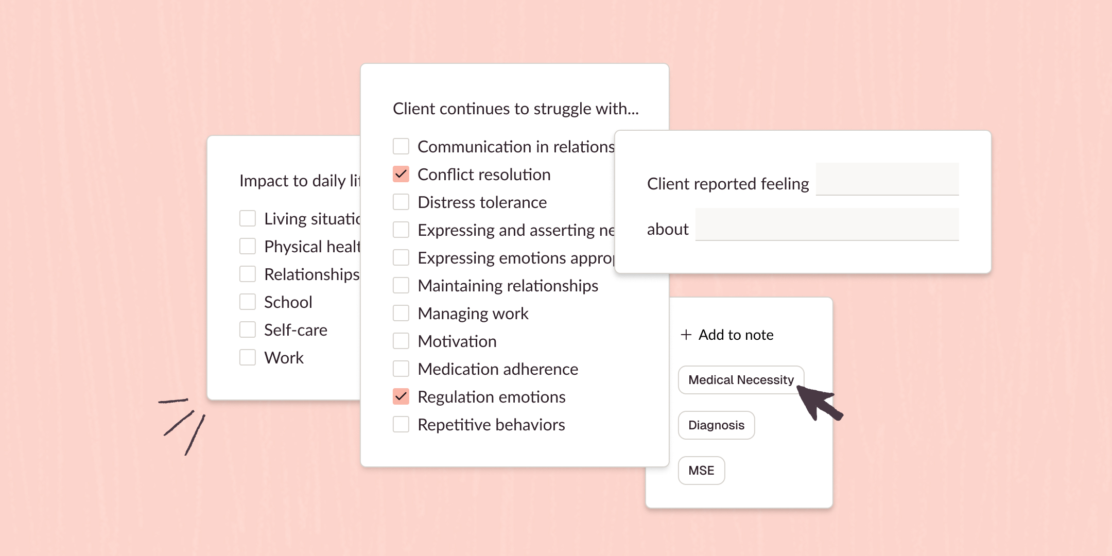 Nesso Notes interface showing a session note with checkboxes for daily-life impacts and a menu for adding medical necessity language
