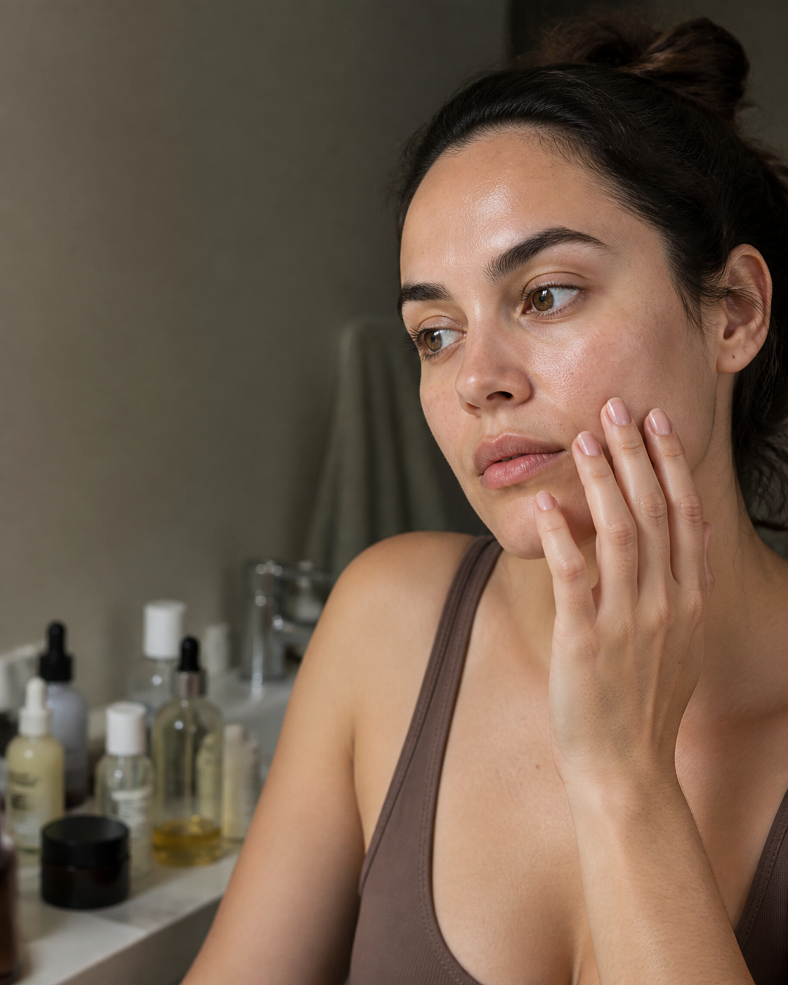Woman examining her cheek beside an active skincare routine