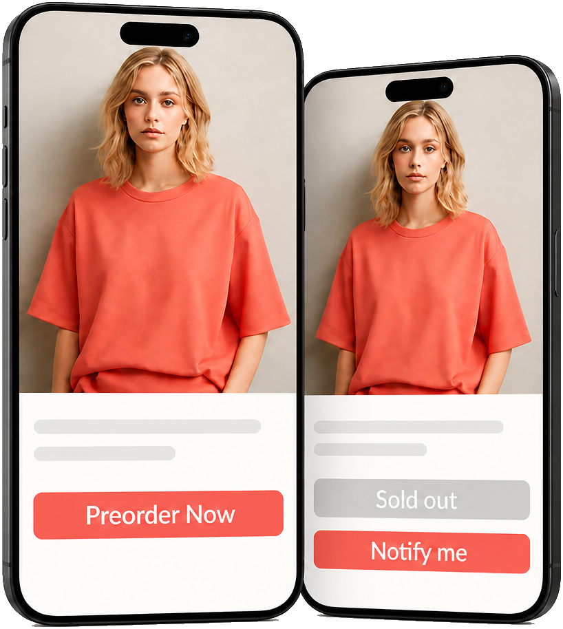 Two mobile storefront views showing Preorder Duck preorder and back in stock experiences