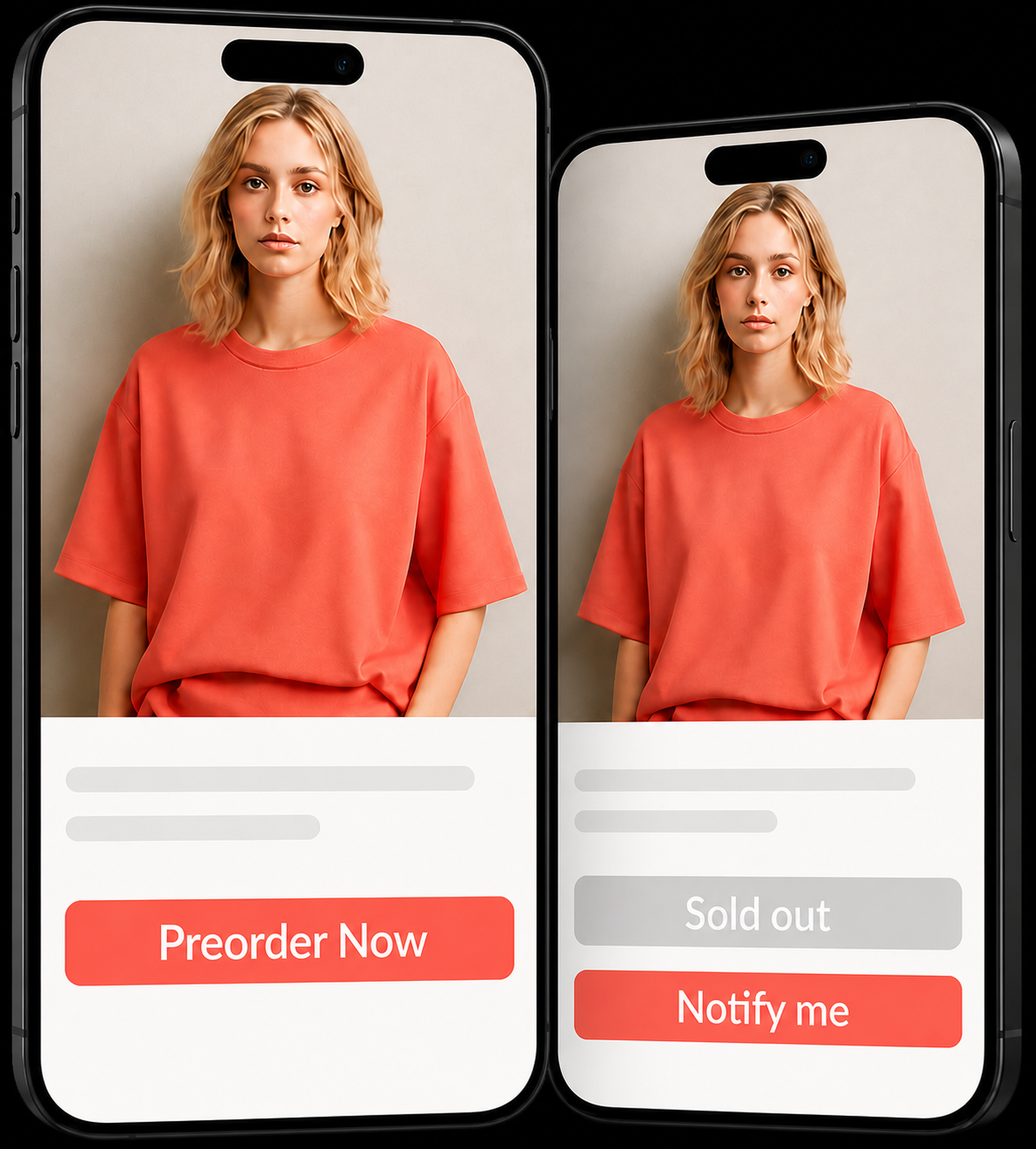 Two mobile storefront views showing Preorder Duck preorder and back in stock experiences