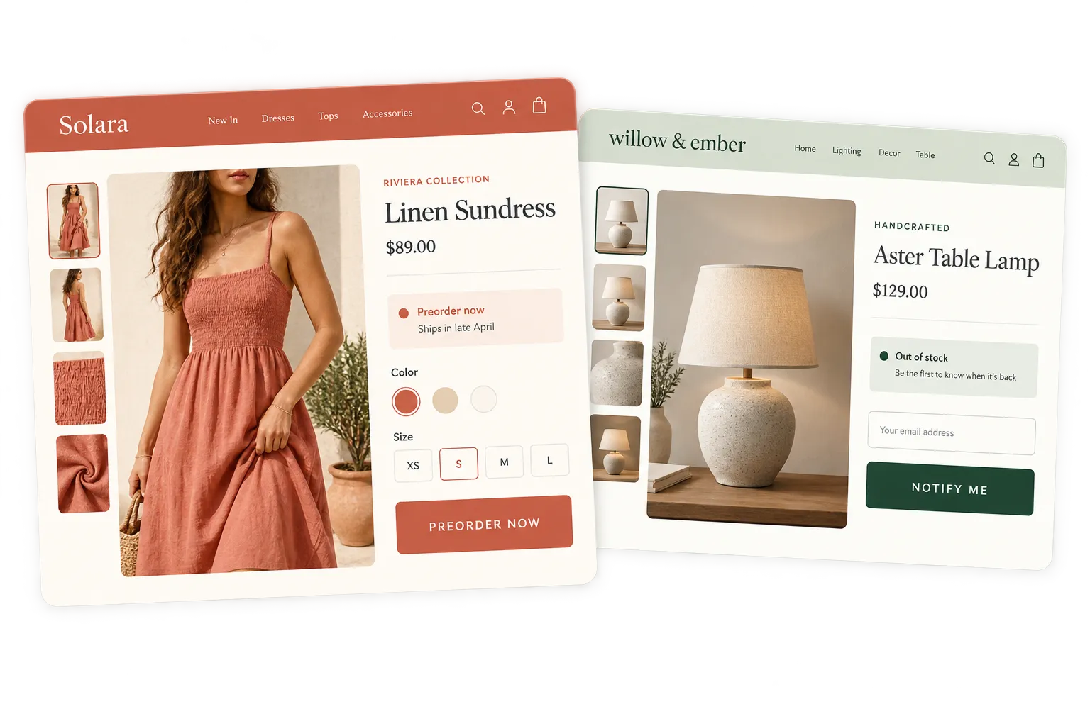 Two branded ecommerce product pages showing Preorder Now and Notify Me experiences